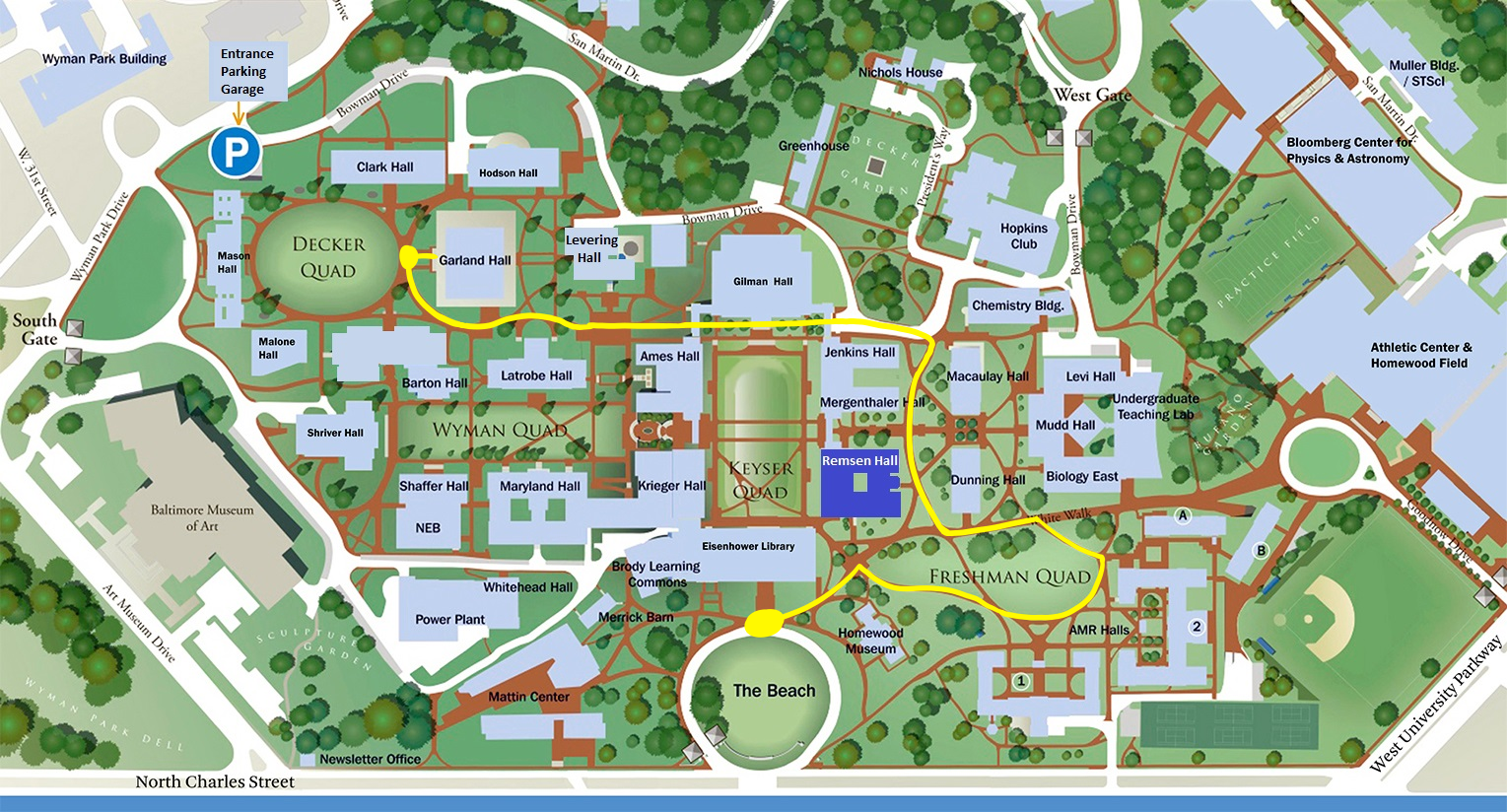 Map showing Johns Hopkins Homewood campus with the disability protest route highlighted in yello. The route starts at the Hopkins circle called The Beach, then turns right, goes around the Freshman Quad, then right again in front of Dunning and Macaulay Hall. The it turns left and goes behind Jenkins Hall, under Gilman Hall, and then to Garland Hall, where we present our demands to the President's office.